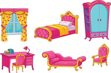 Cute pink princess bedroom furniture set with bed wardrobe desk chair sofa and window curtains for kids room interior flat vector illustration ©  Hossain Creative