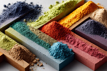 Colorful Holi Festival Powder in Glass Jars Creating Vibrant Multicolor Abstract Background for Celebration, Culture and Creative Design