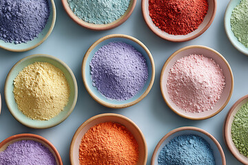 Pastel Holi Festival Color Powder in Ceramic Bowls Creating Soft Multicolor Abstract Background for Celebration, Culture and Creative Design