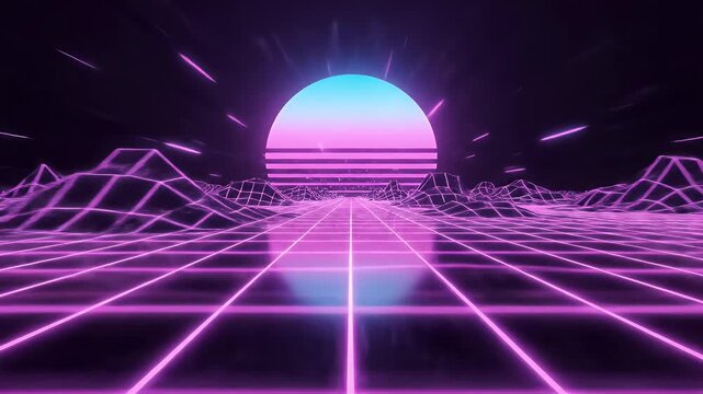 Retro synthwave wireframe grid landscape with a glowing neon sun setting in a seamless loop footage.