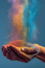 Obraz premium Colorful holi celebration with vibrant powder in hands against blue background