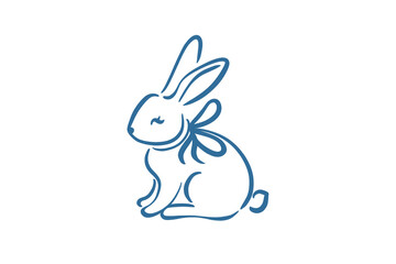 Spring charming blue line art illustration of a cute bunny rabbit with a bow, perfect for easter or spring themes isolated on transparent background