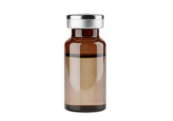 A solitary brown glass vial with a silver cap against a white background
