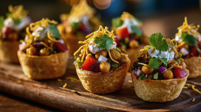 Authentic Indian street food snacks called Papdi Chaat or Sev Puri served in crispy pastry cups. Delicious vegetarian appetizers with chickpeas, potatoes, yogurt, and cilantro on a wooden board