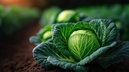 Obraz premium Close-up view of vibrant green cabbages growing in a garden, showcasing detailed leaf textures and shapes, with a blurred background of additional cabbage plants in a cultivated field