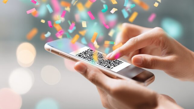 Hand with smartphone showing QR code, surrounded by colorful confetti, highlighting digital interaction and celebration in a modern setting