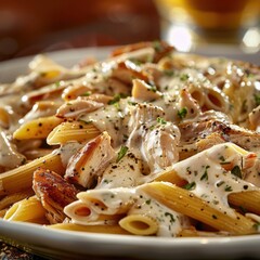 Delicious Italian penne pasta with grilled chicken breast and creamy white garlic sauce served in a white bowl. Gourmet Mediterranean meal with black pepper and fresh herbs for a healthy dinner