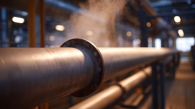 A large industrial pipeline is prominently featured releasing visible steam or heat haze from a joint within a dimly lit factory or plant environment