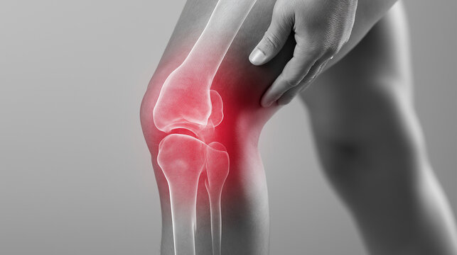 Man leg with visible knee bones and a hand touching it. Arthritis or joint pain concept for medical poster.