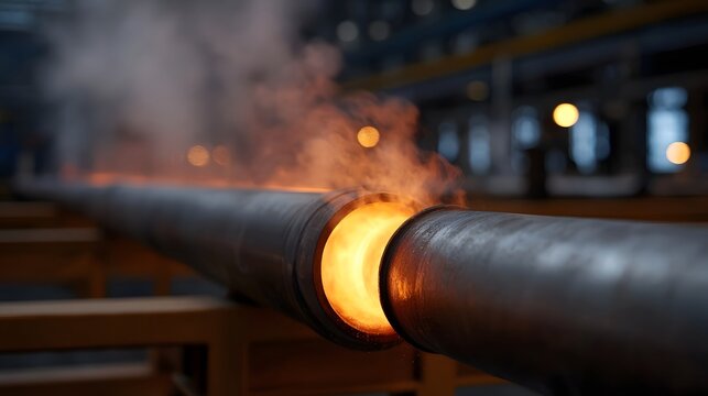 Industrial steel pipe glowing with intense heat during manufacturing in a factory
