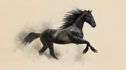 Obraz premium Black horse gallops with golden sand. Dynamic animal motion for Chinese New Year. Symbol of speed, strength and good fortune.