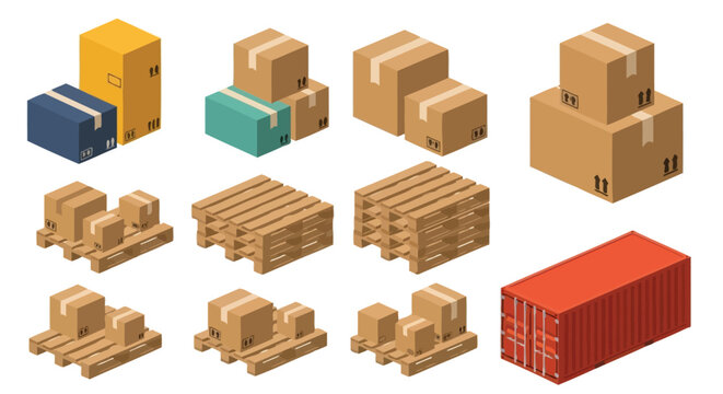 Isometric view of cardboard boxes pallets and a shipping container