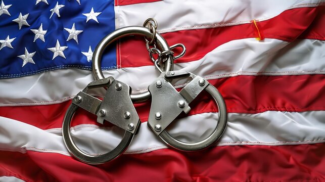 Exploring crime and offenses in the usa  symbolism of the flag and police handcuffs