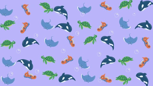 Pattern of ocean creatures like turtles, orcas, and rays. Suitable for marinethemed designs or educational material for kids.