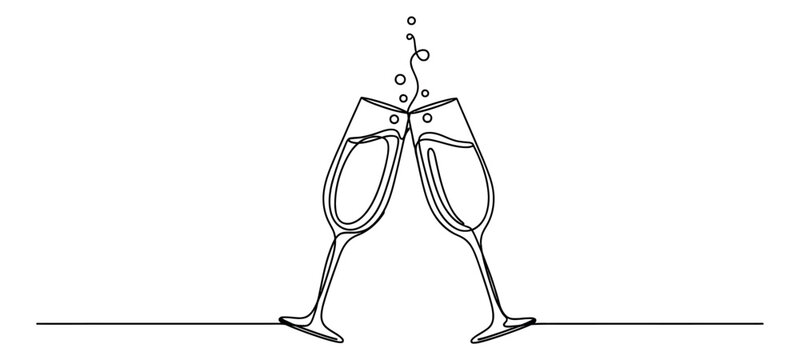 Continuous line art illustration of two champagne flutes depicting a toast for celebration
