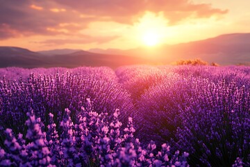 Fototapeta premium Purple lavender field golden sunset peaceful countryside landscape picture