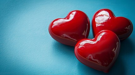 Fototapeta premium Two red hearts with happy valentine s day text on a blue background with plenty of space