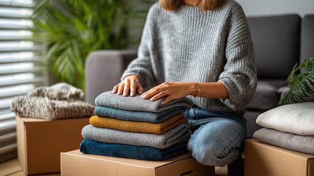 Woman packing winter clothes into cardboard boxes. Female hands organizing stack of sweaters for donation or moving house. Decluttering and storage concept