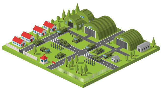 Isometric illustration of a military base with buildings vehicles and landscaping