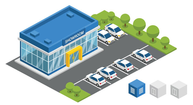 Isometric illustration of a blue car showroom with parked vehicles