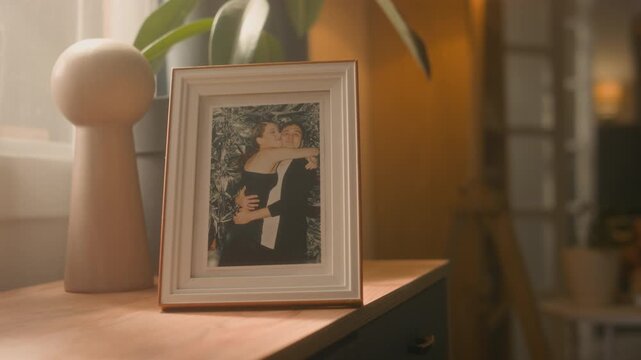 Close up shot of elegant white picture frame set on table with plants in background photo showing happy young couple embracing at party, no people, copy space