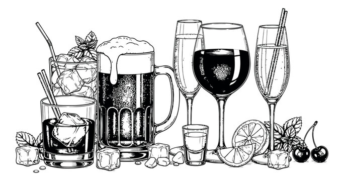 Hand drawn line art alcoholic drinks set featuring beer, wine, champagne, whiskey, and cocktails with garnishes for bar menus and party invitations