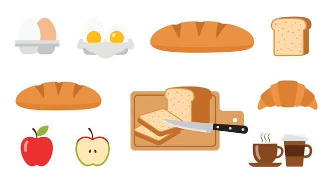 Breakfast food icons eggs bread fruit coffee and a knife