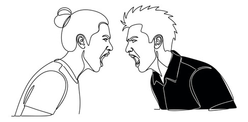 Fototapeta premium Continuous line art illustration of two men depicting a shouting argument for conflict and anger