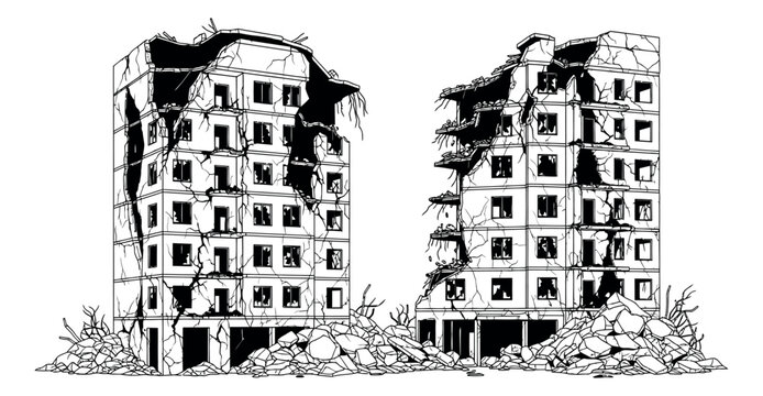 Line art damaged building set featuring crumbling residential structures with debris for themes of war, disaster, and urban decay