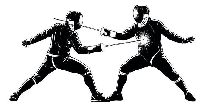 Stylized line art illustration of two fencers depicting a hit during a duel for sports and competition