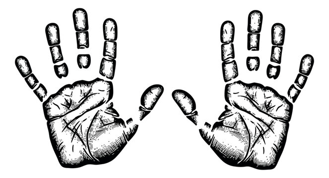 Hand drawn line art handprint set featuring two human handprints for creative design