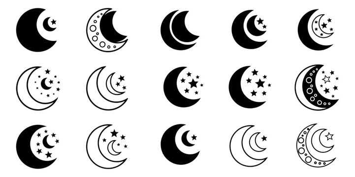 Stylized celestial icon set featuring various designs of crescent moons and stars for night and space themes