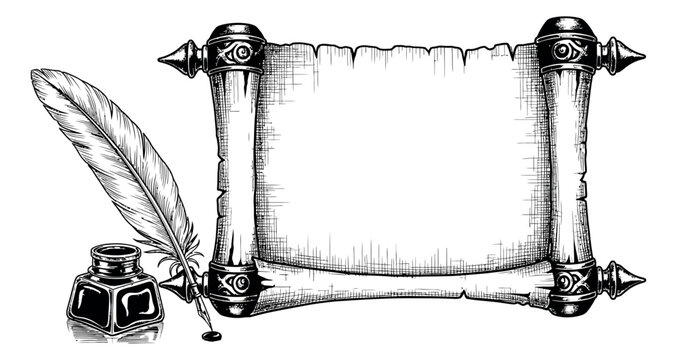 Hand drawn line art writing set featuring an antique scroll, a quill pen, and an inkwell for old documents