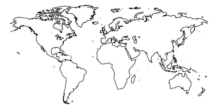 Hand drawn line art illustration of world map depicting outlined continents for geographical education