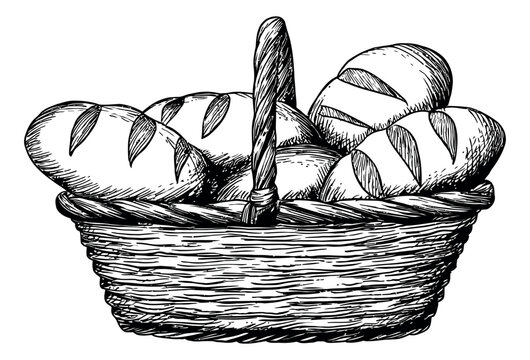 Hand drawn line art illustration of a bread basket depicting freshly baked loaves for food and bakery concepts