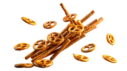 Golden salted pretzel sticks flying in mid-air with crunchy texture close-up