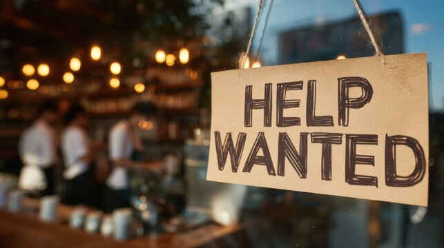 A help wanted sign hangs in the window of a busy restaurant with staff working in the background.