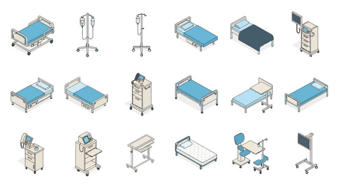 Isometric hospital equipment collection including beds monitors and medical carts
