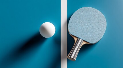 Fototapeta premium Minimalist top-down view of a table tennis paddle and a white ping pong ball on a vibrant blue table with a white center line, featuring realistic shadows and a clean modern composition