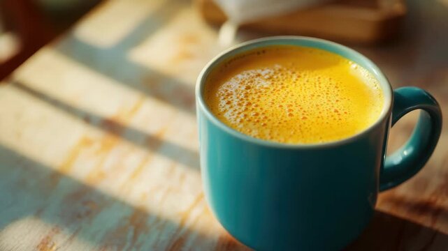 A refreshing yellow smoothie with orange foam on top served in a blue cup.