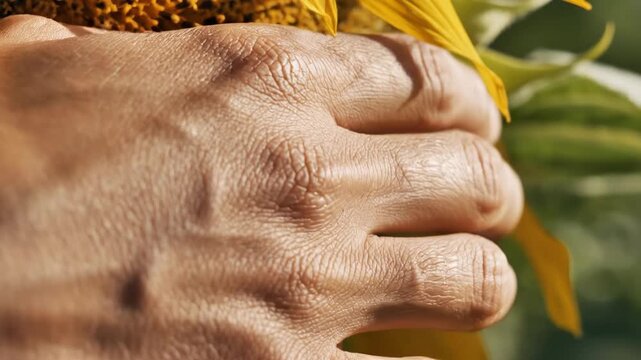 Golden Sunflower Close-Up: A Farmer's Hand Embraces Nature's Beauty