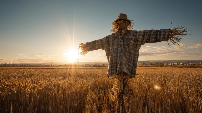 A scarecrow stands in a golden wheat field at sunset, arms outstretched towards the horizon.