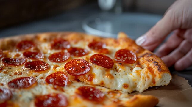 Pulling a slice of cheese pepperoni pizza	
