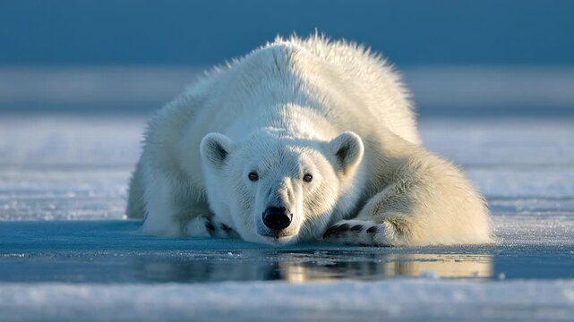 Polar Bear Carefully Moving on Thin Ice Using Body Balance in Arctic