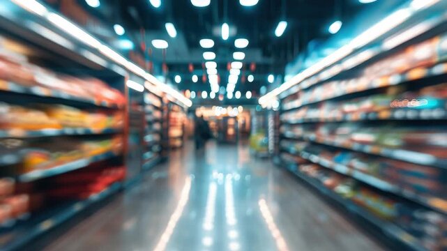 This captures a bustling supermarket aisle filled with various packaged goods and fresh produce. The aisle is well-lit by fluorescent lights, creating an inviting atmosphere