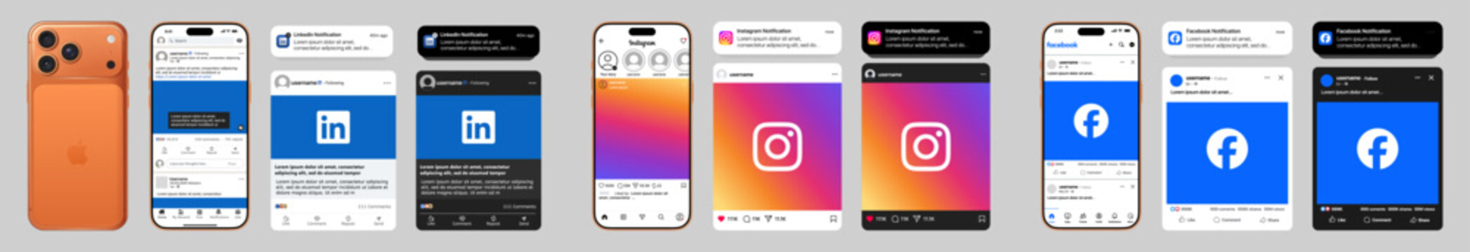 Social Media App Mockup for LinkedIn, Instagram and Facebook on iPhone
Light & Dark UI Post and Notification Mockup for Mobile Social Platforms