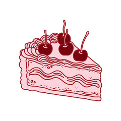 Slice of cake with cherries and cream. Cute romantic dessert for Valentine&rsquo;s Day designs. Flat vector illustration.