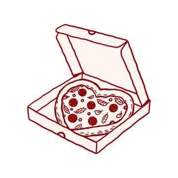 Heart shaped pizza in a cardboard box. Italian fast food. Hand drawn vector illustration. Clip art for party, holiday, valentine day, birthday etc
