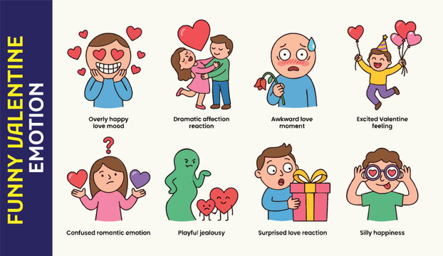 Funny Valentine's Day emotions and reactions in cartoon style