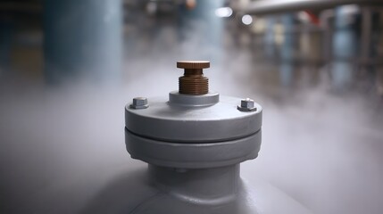 Obraz premium Close up of an industrial pressure release valve venting white steam or vapor in a cold mechanical environment